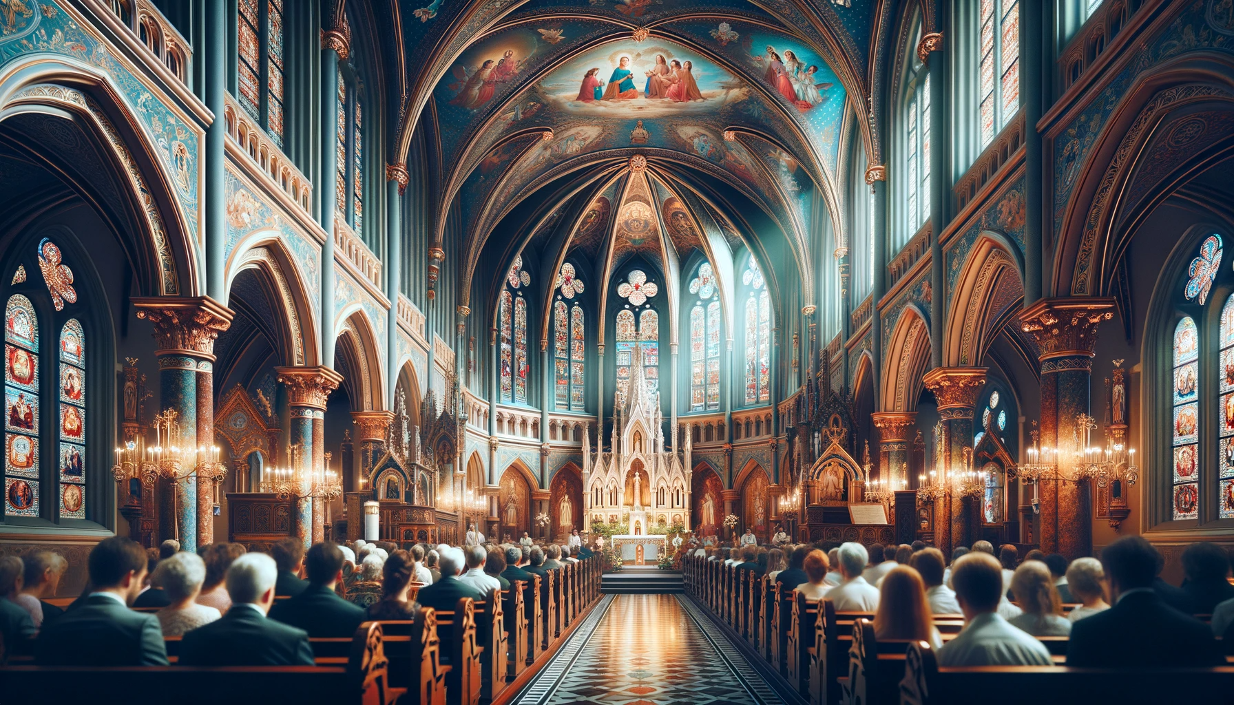 Igreja católica cheia de pessoas sentadas em seus bancos